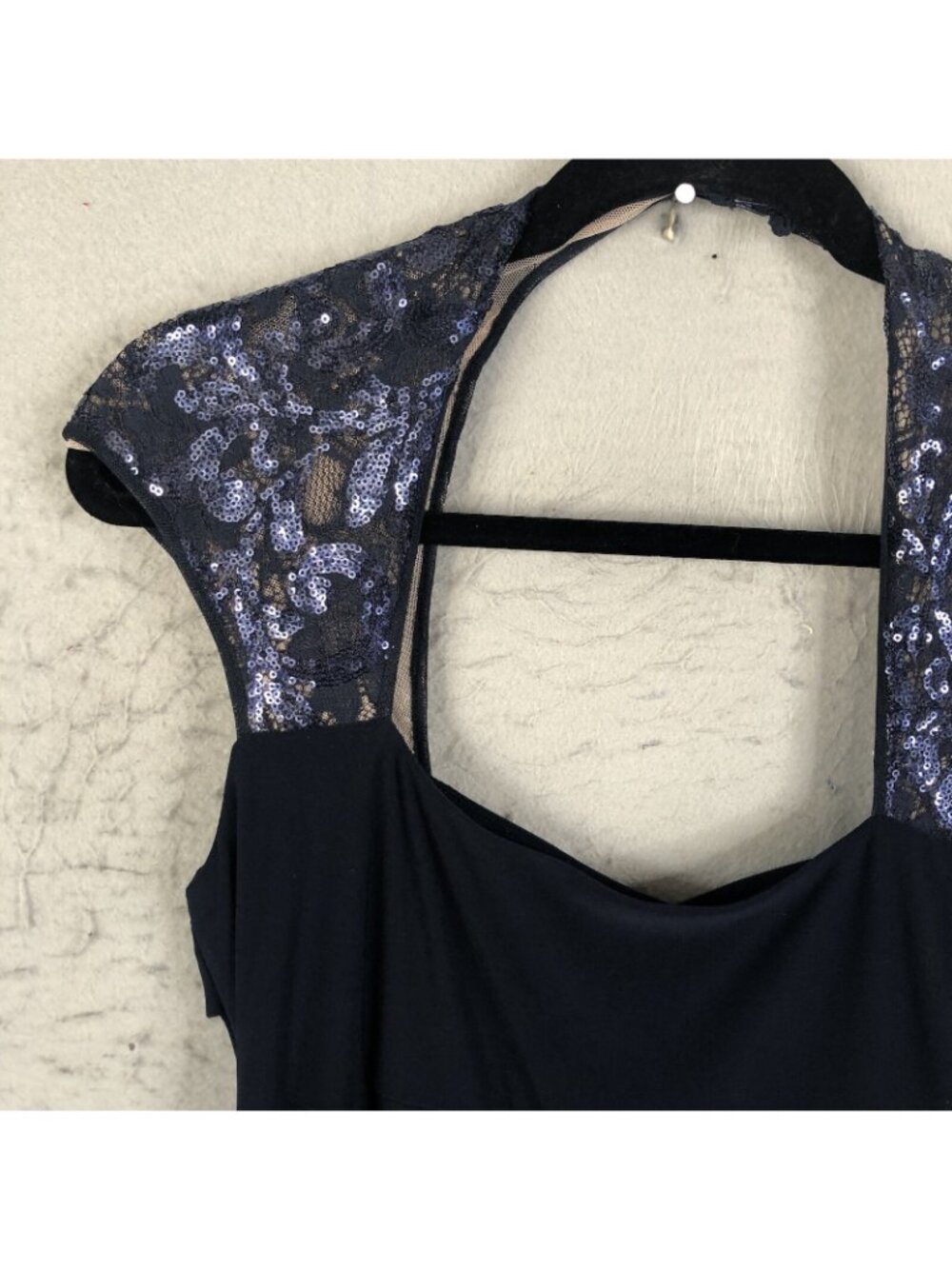 statement Dress Womens 10 Navy Blue Fitted Sequin Sleeves Formal - Picture 11 of 16